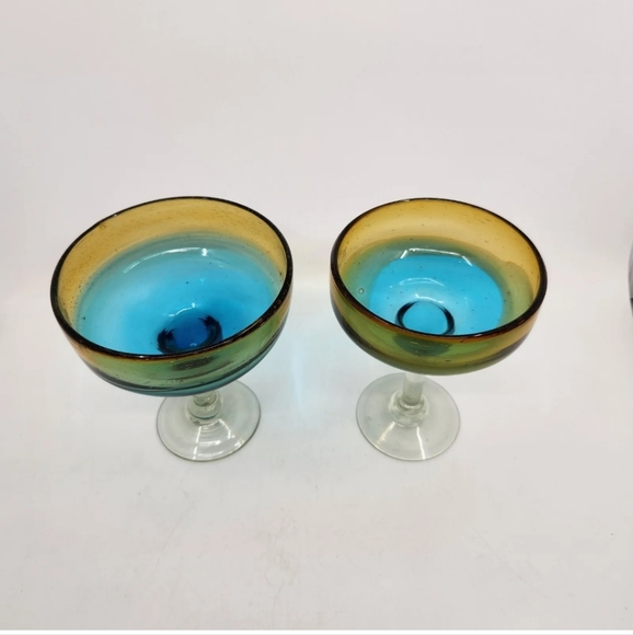 Vtg Pair Mexican Hand-Blown  Margarita Art Glasses Amber/ Turquoise Fade HEAVY - Picture 4 of 8